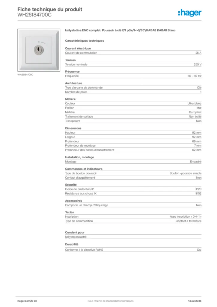 Image Hager Fiche technique du produit WH25184700C | Hager Suisse