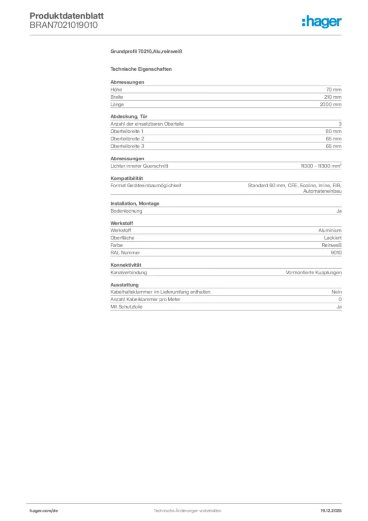Bild Hager Produktdatenblatt BRAN7021019010 | Hager Deutschland