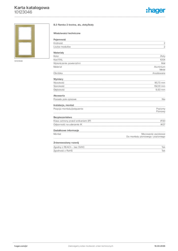 Zdjęcie Hager Karta katalogowa 10123046 | Hager Polska