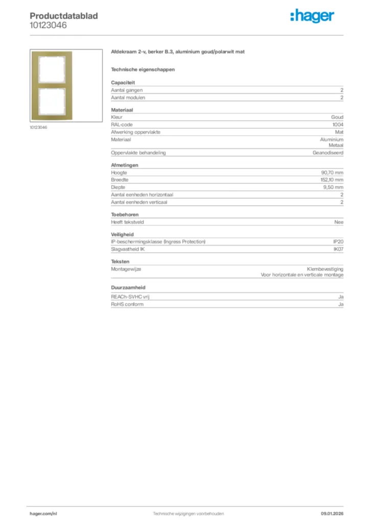 Afbeelding Hager Productdatablad 10123046 | Hager Nederland