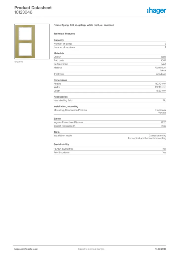 Image Hager Product data sheet 10123046  | Hager