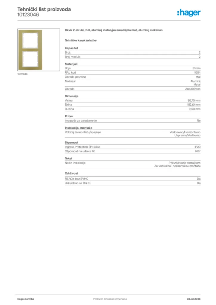 Slika Hager Tehnički list proizvoda 10123046  | Hager