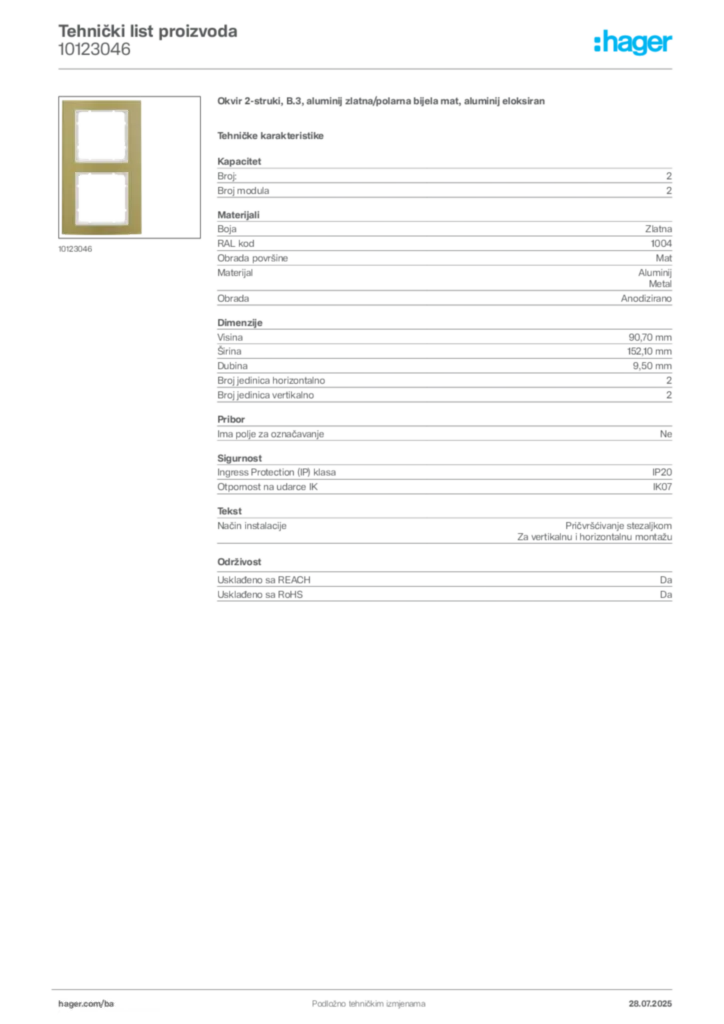 Slika Hager Product data sheet 10123046  | Hager