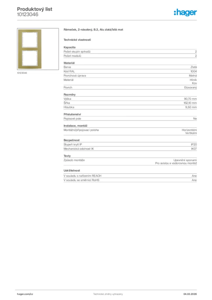 Obrázek Hager Product data sheet 10123046 | Hager