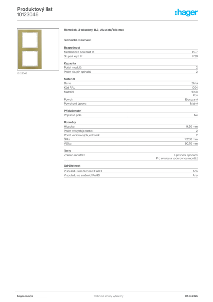 Obrázek Hager Produktový list 10123046 | Hager