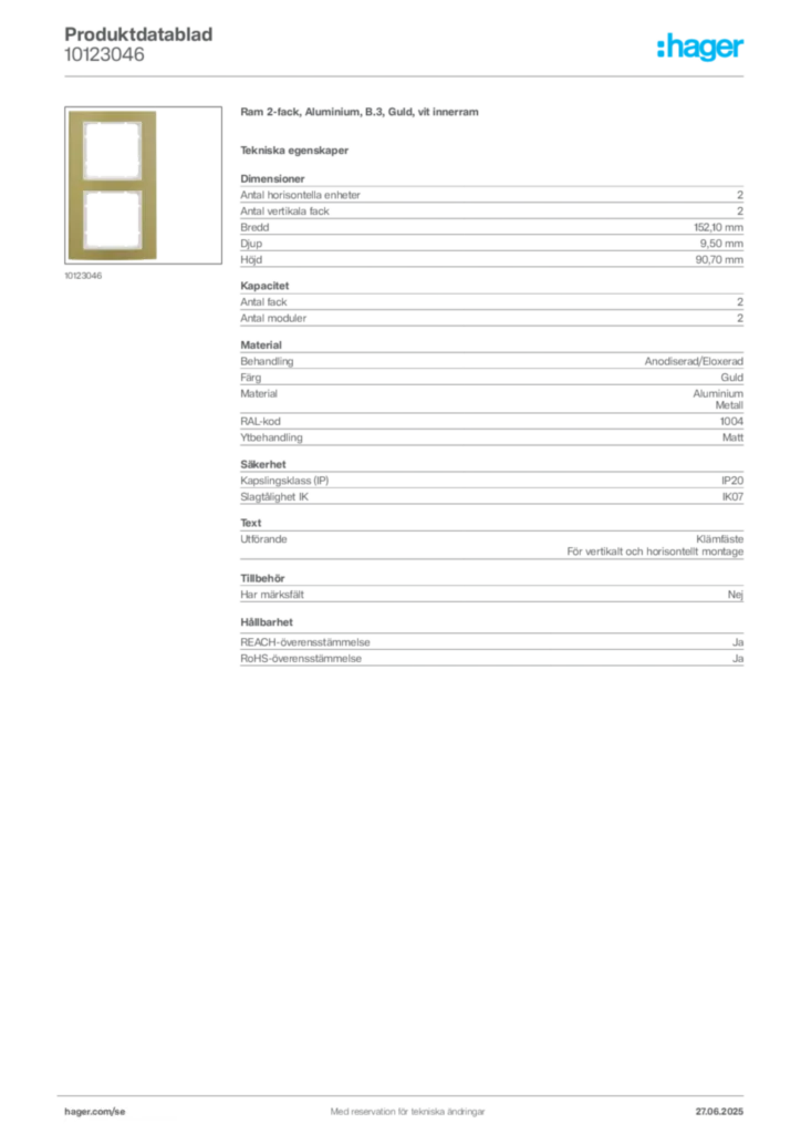 Bild Hager Produktdatablad 10123046 | Hager Sverige