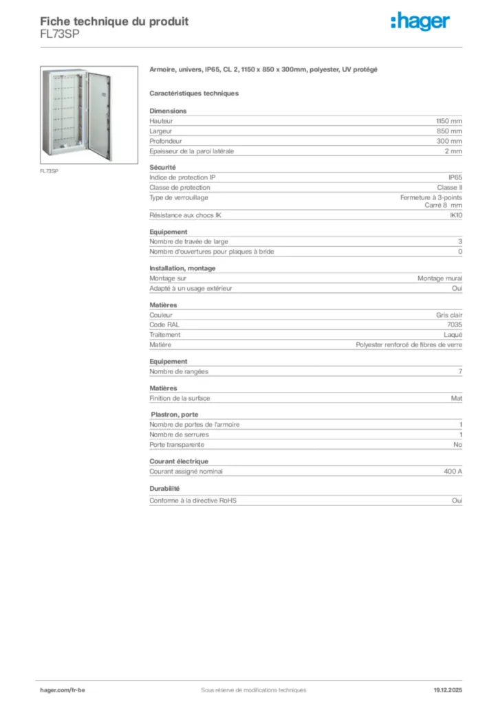 Image Hager Fiche technique du produit FL73SP | Hager Belgique