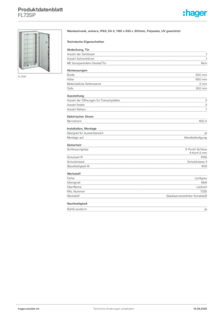 Bild Hager Produktdatenblatt FL73SP | Hager Schweiz