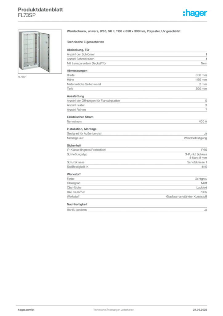 Bild Hager Produktdatenblatt FL73SP | Hager Deutschland