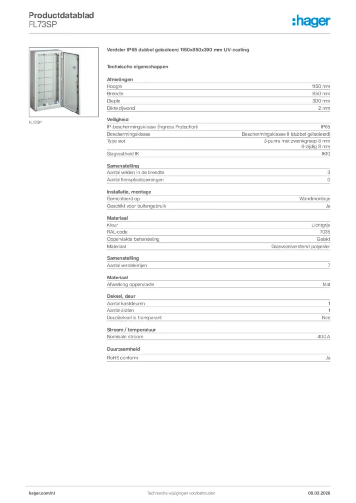 Afbeelding Hager Productdatablad FL73SP | Hager Nederland