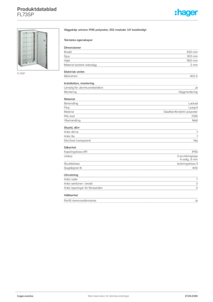 Bild Hager Produktdatablad FL73SP | Hager Sverige