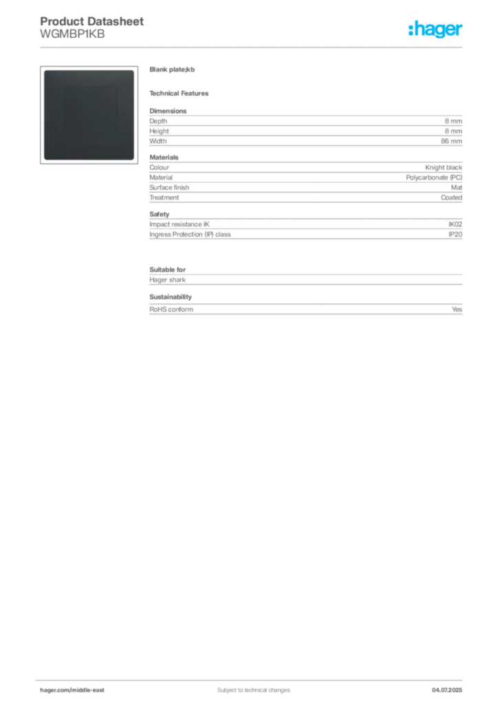 Image Hager Product data sheet WGMBP1KB  | Hager