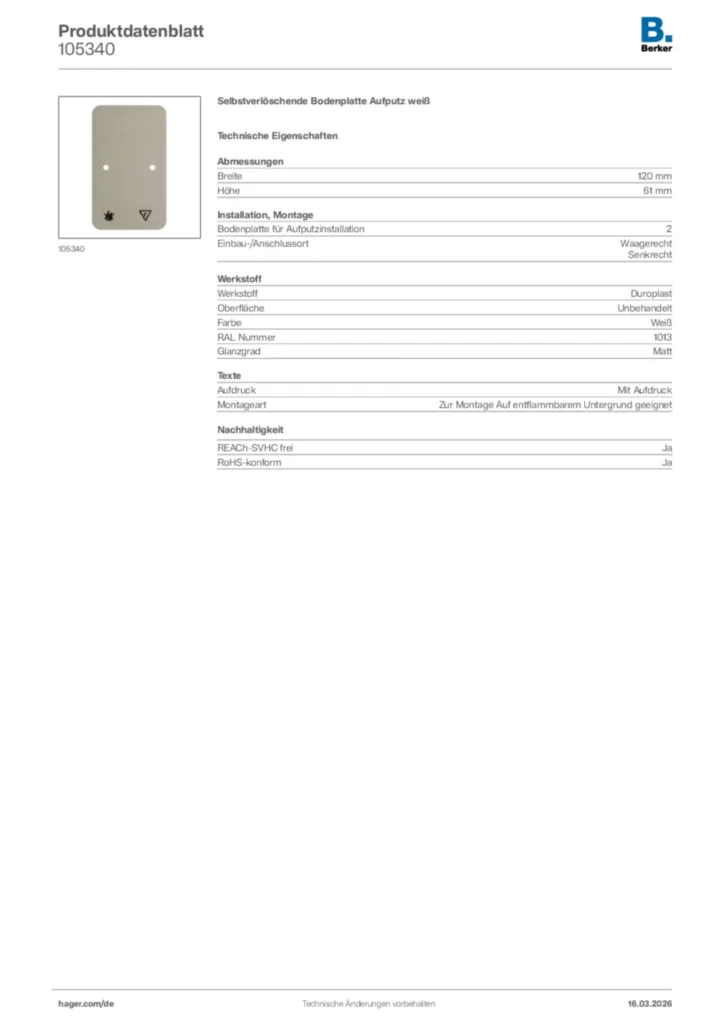 Bild Berker Produktdatenblatt 105340 | Hager Deutschland