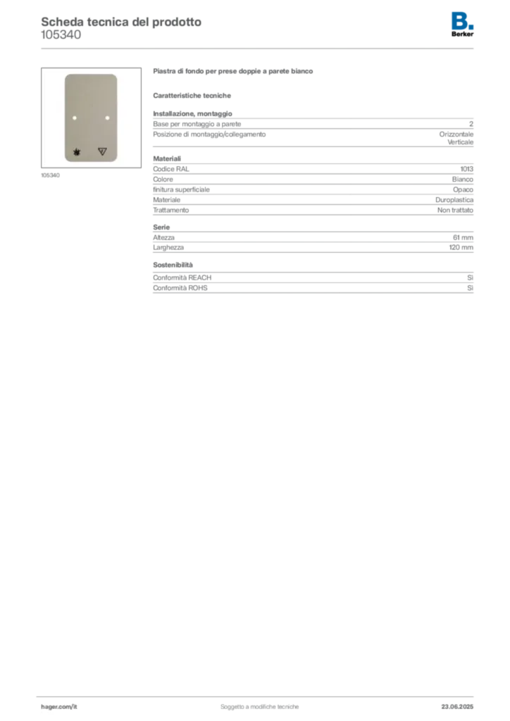 Immagine Berker Scheda tecnica del prodotto 105340 | Hager Italia