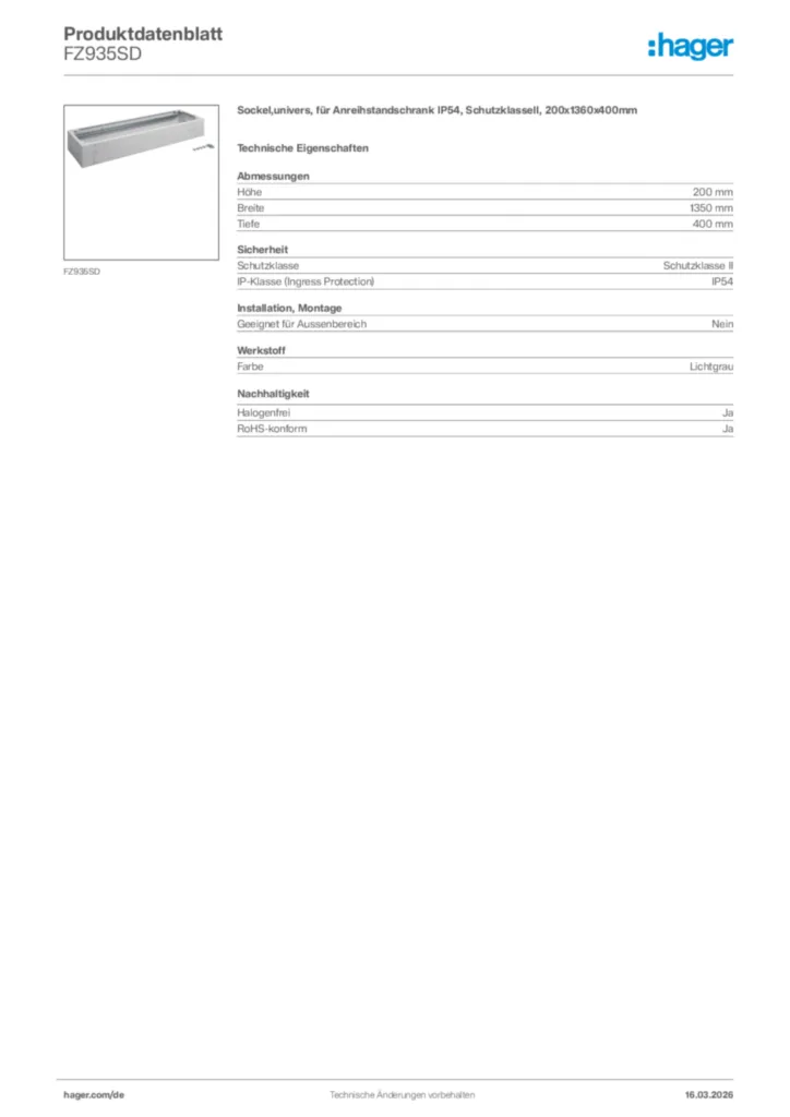 Bild Hager Produktdatenblatt FZ935SD | Hager Deutschland