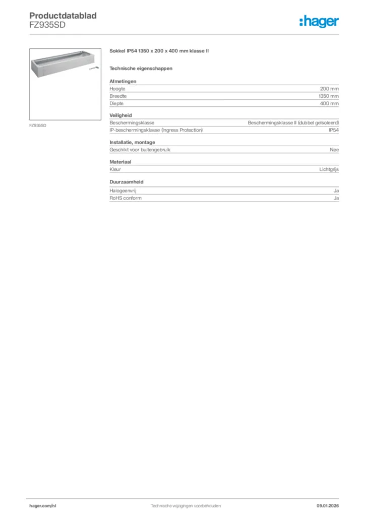Afbeelding Hager Productdatablad FZ935SD | Hager Nederland