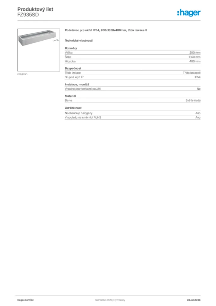 Obrázek Hager Product data sheet FZ935SD | Hager