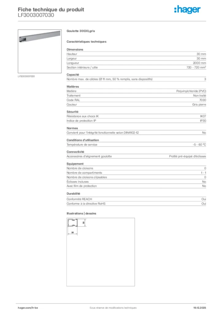 Image Hager Fiche technique du produit LF3003007030 | Hager Belgique