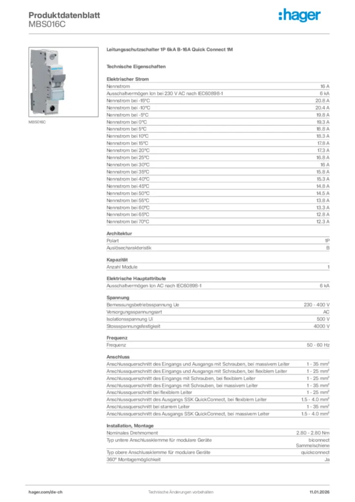 Bild Hager Produktdatenblatt MBS016C | Hager Schweiz