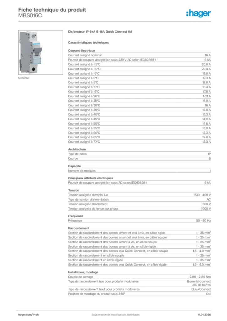 Image Hager Fiche technique du produit MBS016C | Hager Suisse