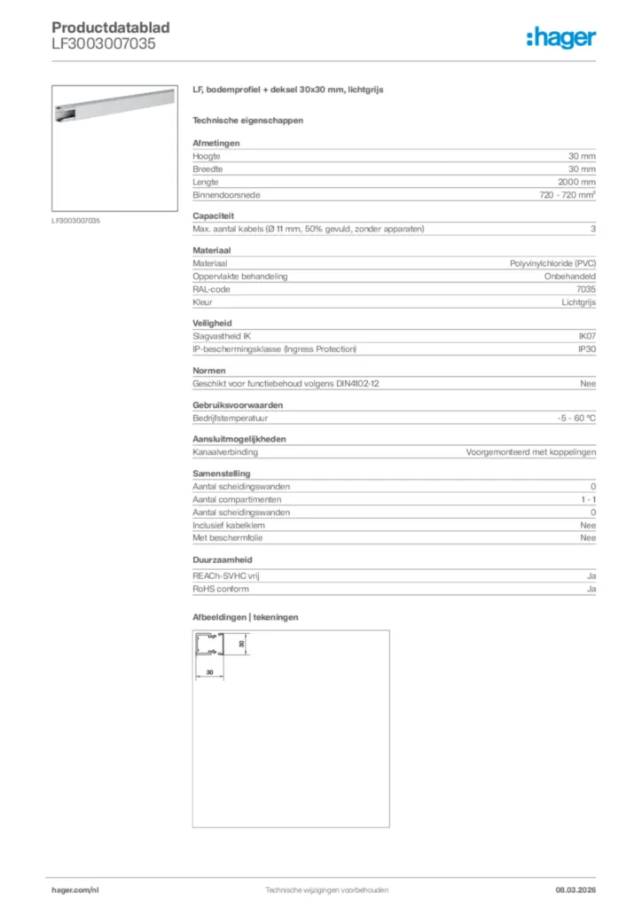 Afbeelding Hager Productdatablad LF3003007035 | Hager Nederland