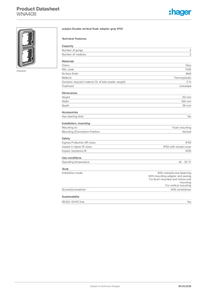 Image Hager Product data sheet WNA408  | Hager Africa