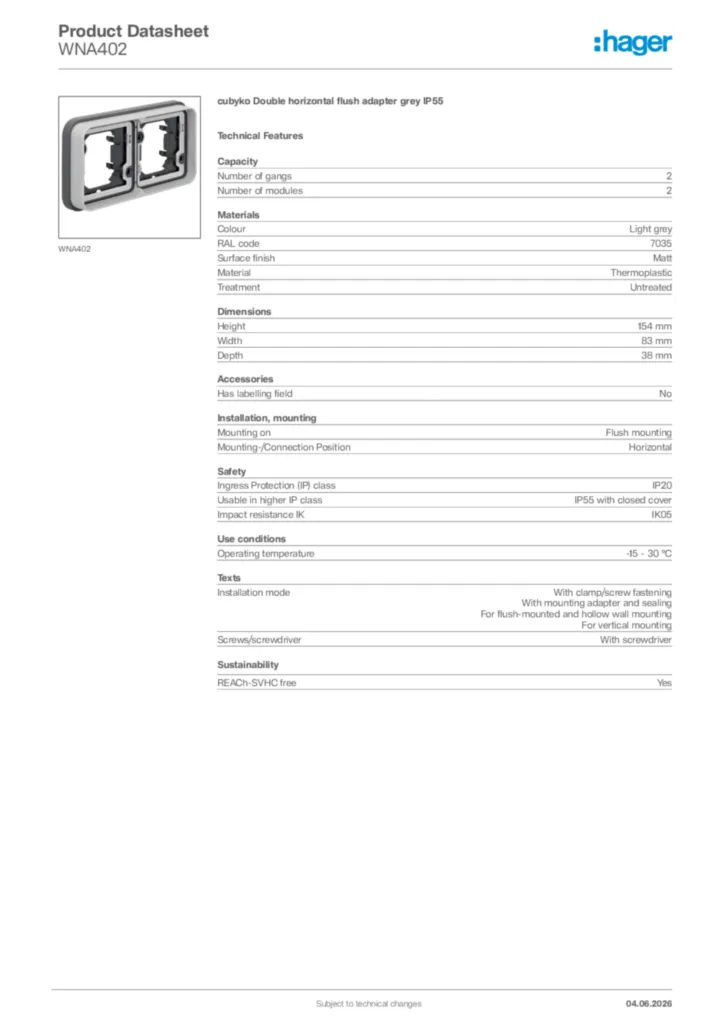 Image Hager Product data sheet WNA402  | Hager Africa