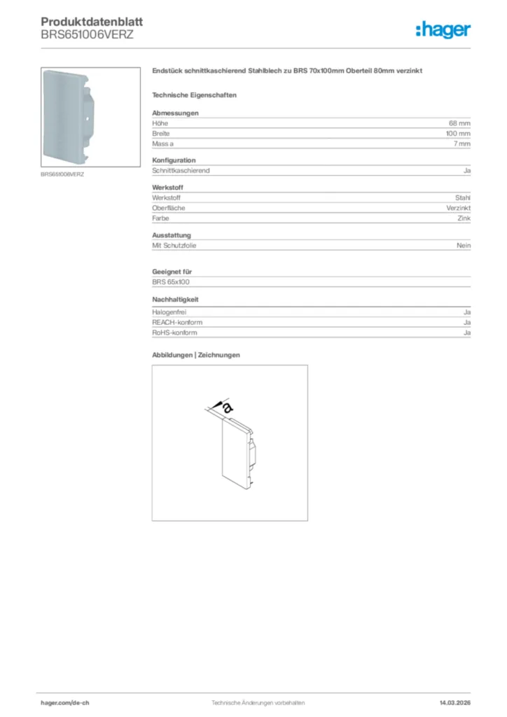 Bild Hager Produktdatenblatt BRS651006VERZ | Hager Schweiz