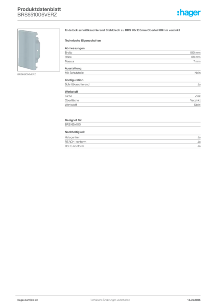 Bild Hager Produktdatenblatt BRS651006VERZ | Hager Schweiz