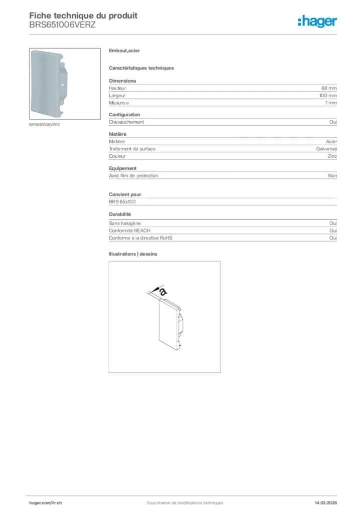 Image Hager Fiche technique du produit BRS651006VERZ | Hager Suisse
