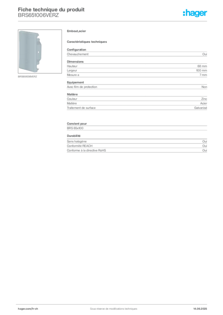 Image Hager Fiche technique du produit BRS651006VERZ | Hager Suisse
