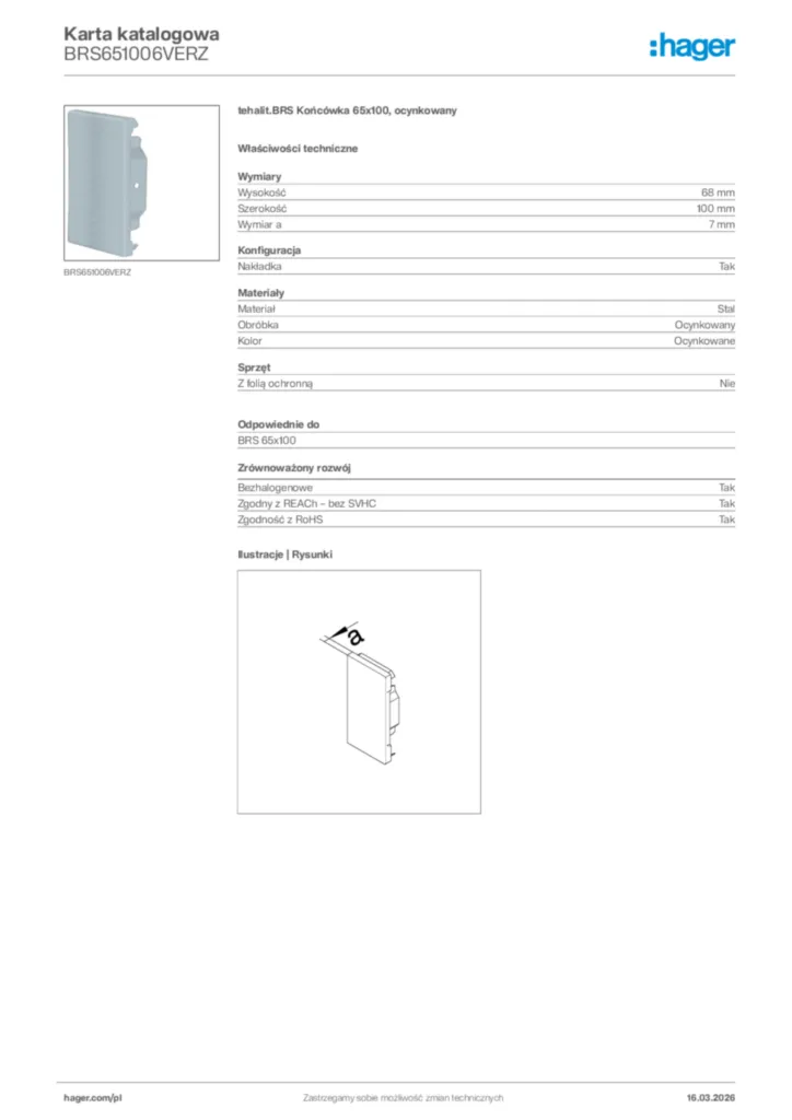 Zdjęcie Hager Karta katalogowa BRS651006VERZ | Hager Polska
