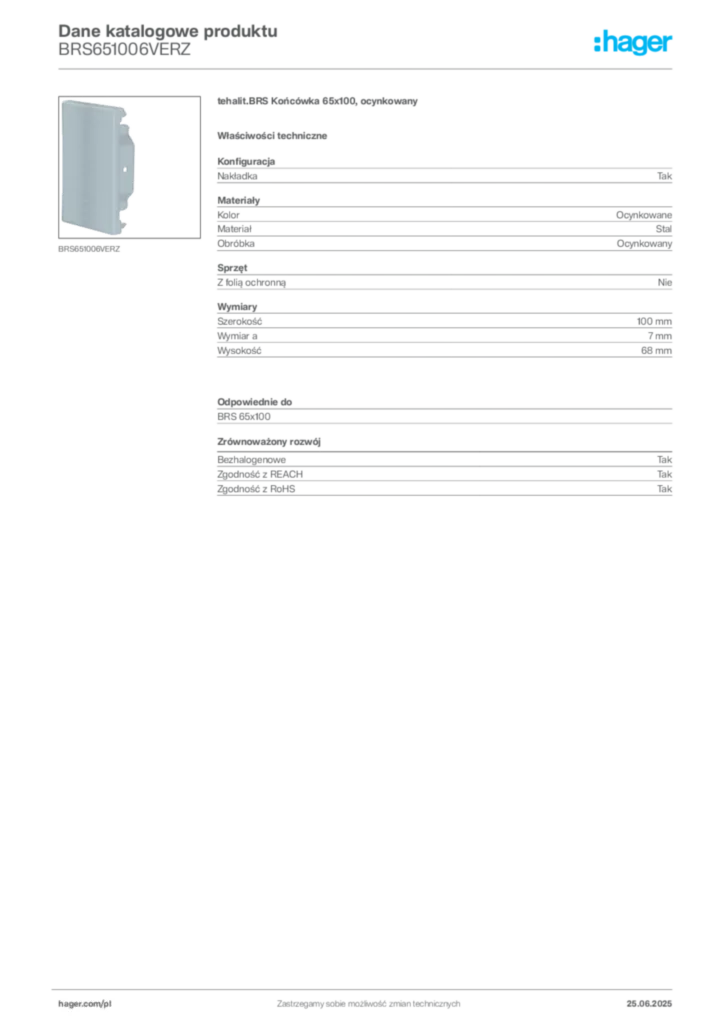 Zdjęcie Hager Karta katalogowa BRS651006VERZ | Hager Polska