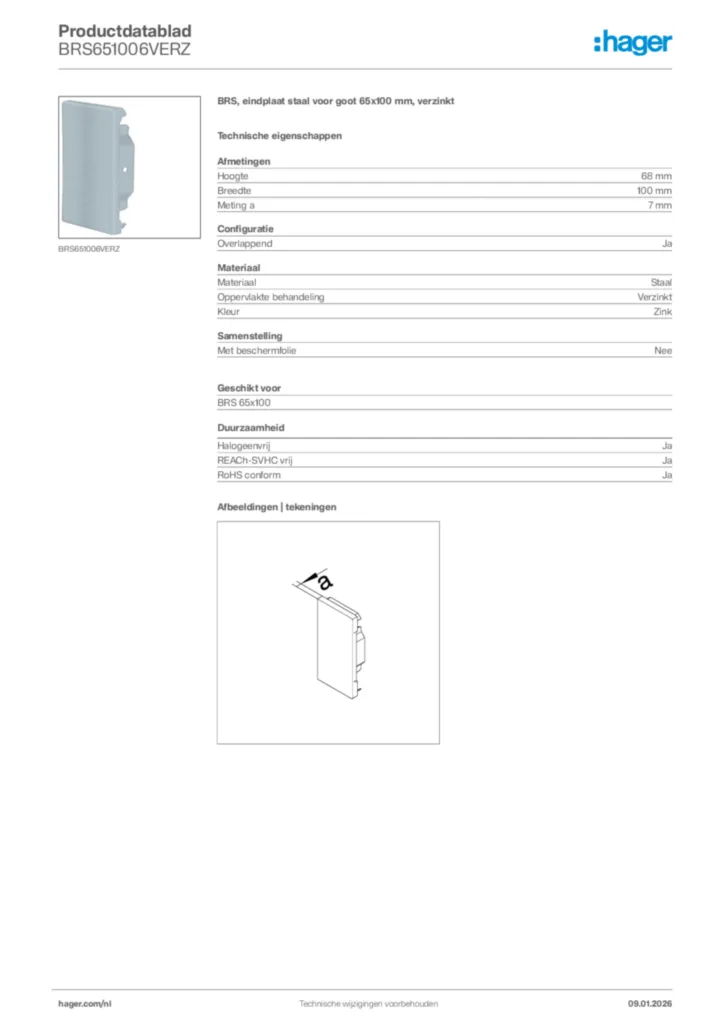 Afbeelding Hager Productdatablad BRS651006VERZ | Hager Nederland