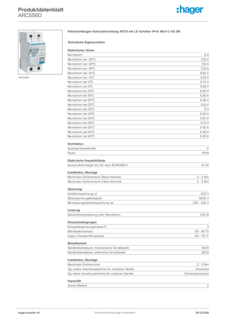 Bild Hager Produktdatenblatt ARC556D | Hager Schweiz