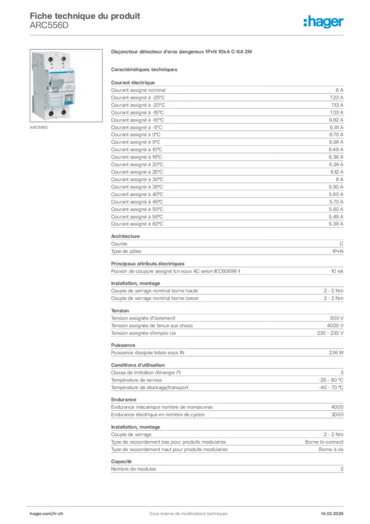 Image Hager Fiche technique du produit ARC556D | Hager Suisse