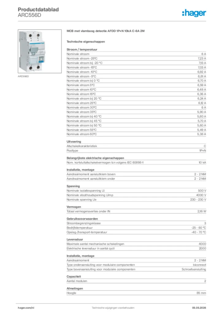 Afbeelding Hager Productdatablad ARC556D | Hager Nederland