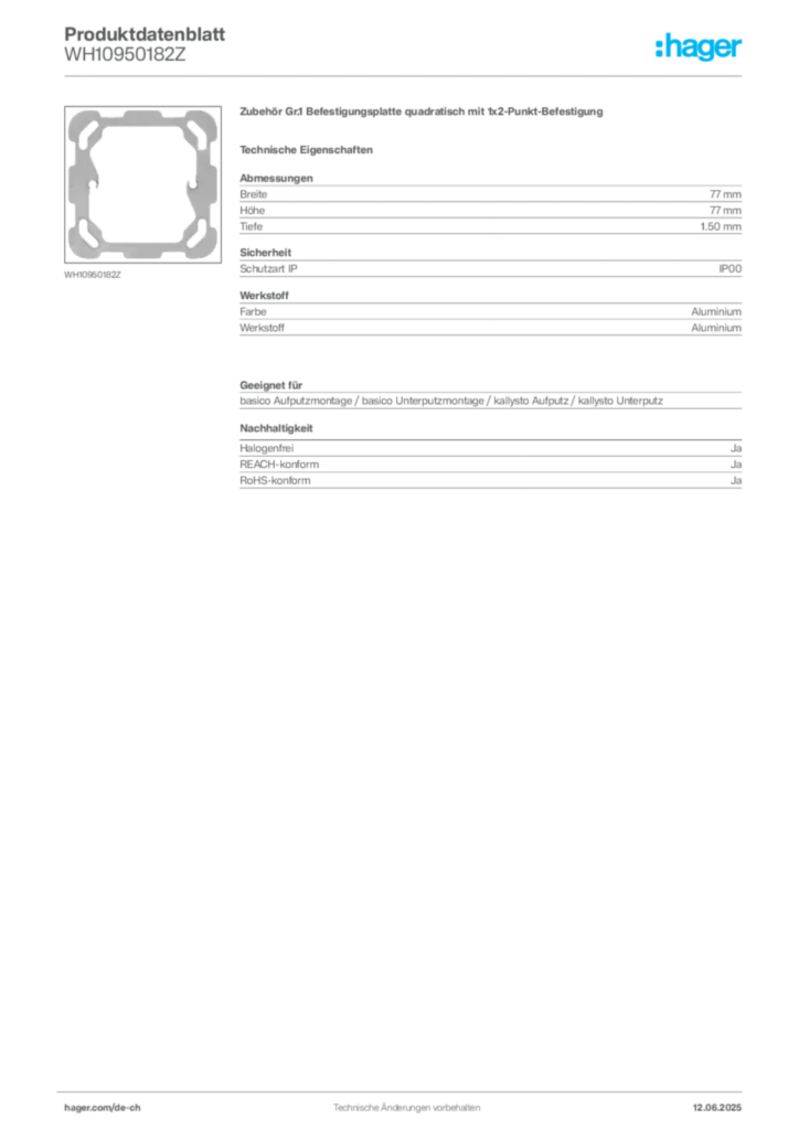 Bild Hager Produktdatenblatt WH10950182Z | Hager Schweiz