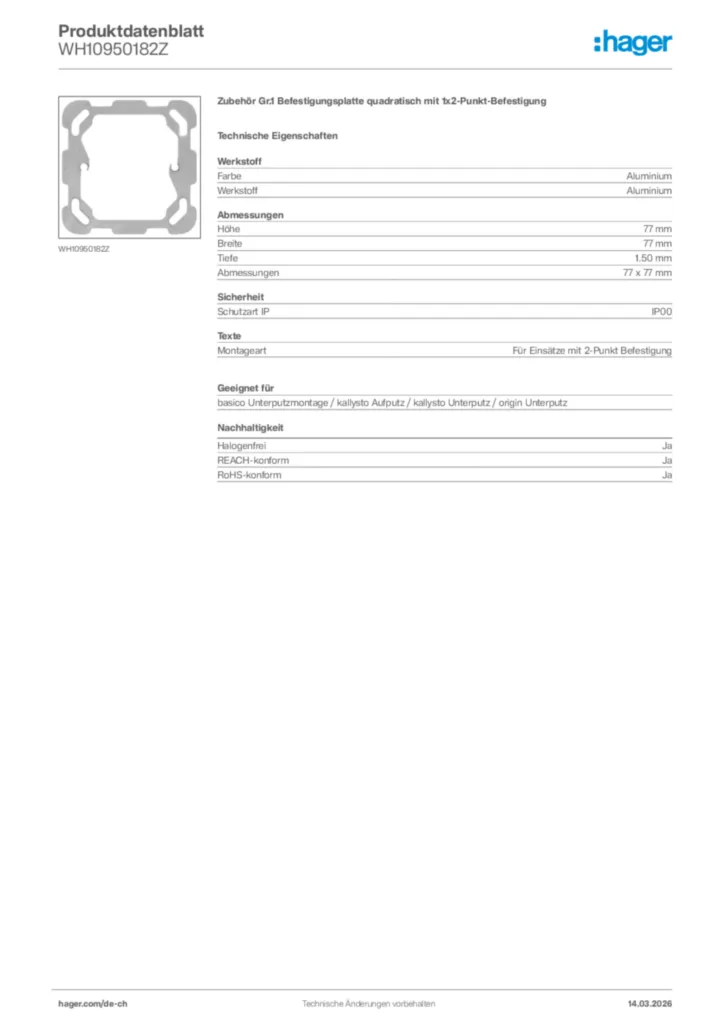 Bild Hager Produktdatenblatt WH10950182Z | Hager Schweiz