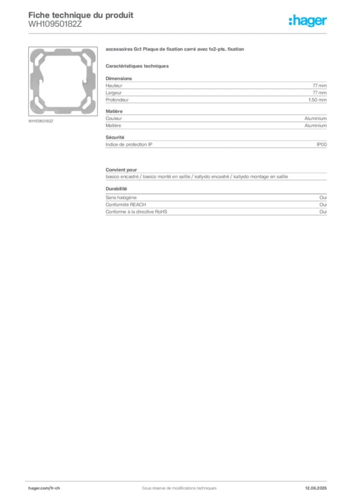 Image Hager Fiche technique du produit WH10950182Z | Hager Suisse