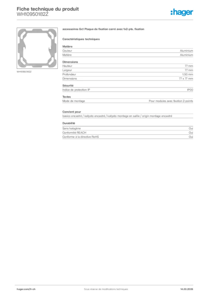 Image Hager Fiche technique du produit WH10950182Z | Hager Suisse