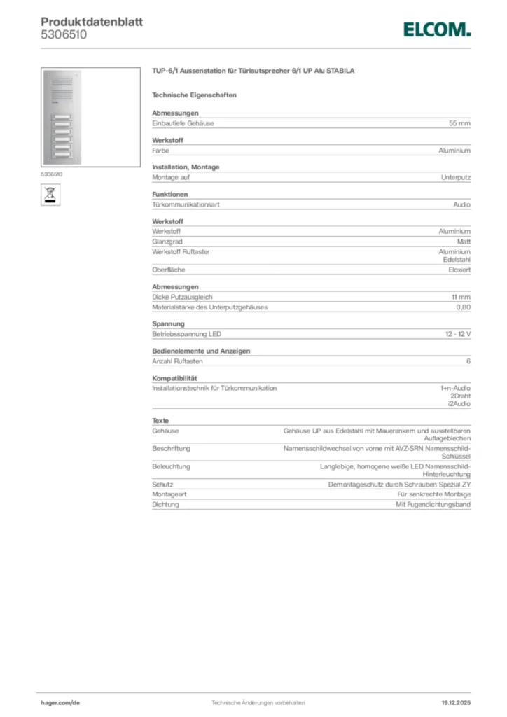 Bild Elcom Produktdatenblatt 5306510 | Hager Deutschland