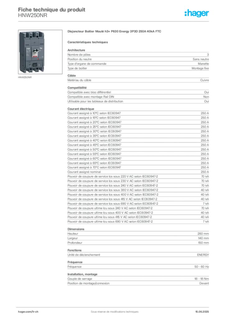 Image Hager Fiche technique du produit HNW250NR | Hager Suisse