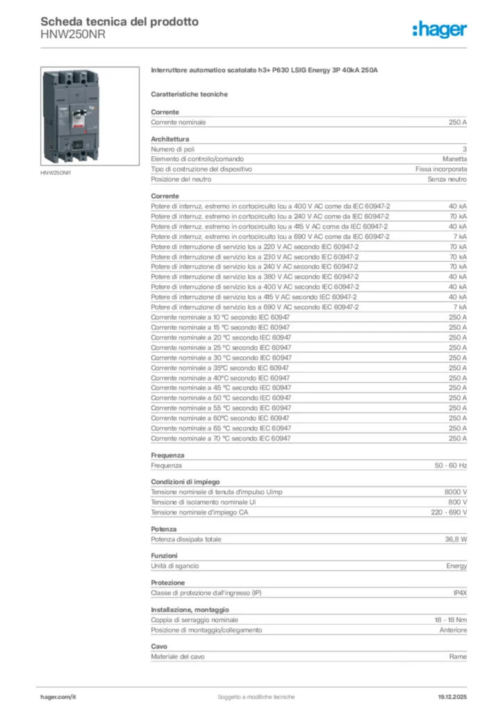 Immagine Hager Scheda tecnica del prodotto HNW250NR | Hager Italia