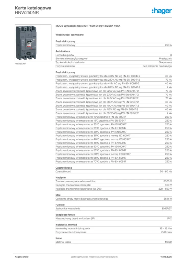 Zdjęcie Hager Karta katalogowa HNW250NR | Hager Polska