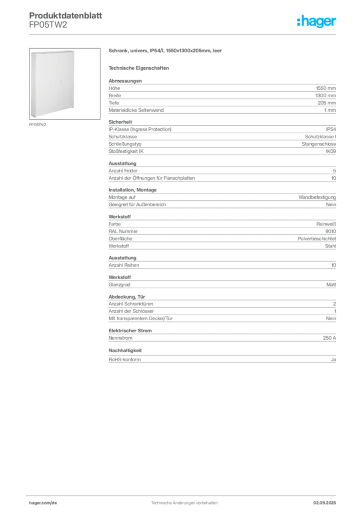 Bild Hager Produktdatenblatt FP05TW2 | Hager Deutschland