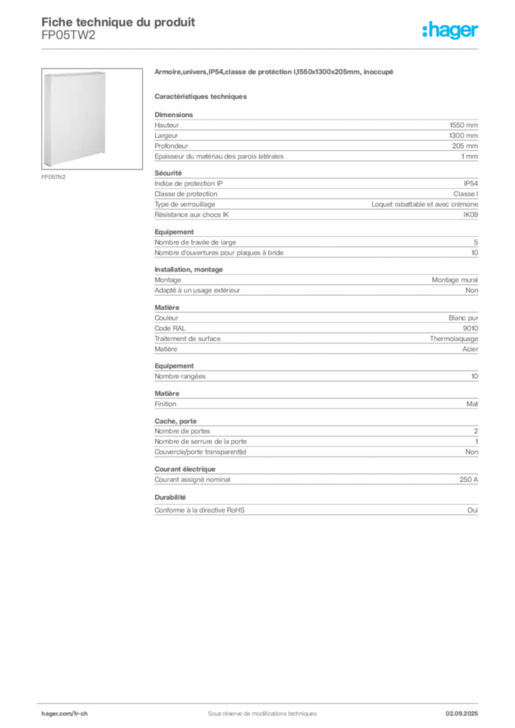 Image Hager Fiche technique du produit FP05TW2 | Hager Suisse