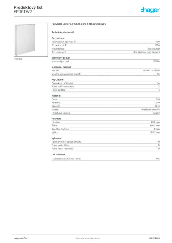 Obrázek Hager Produktový list FP05TW2 | Hager