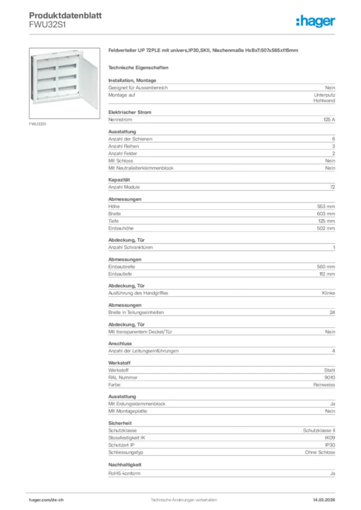 Bild Hager Produktdatenblatt FWU32S1 | Hager Schweiz