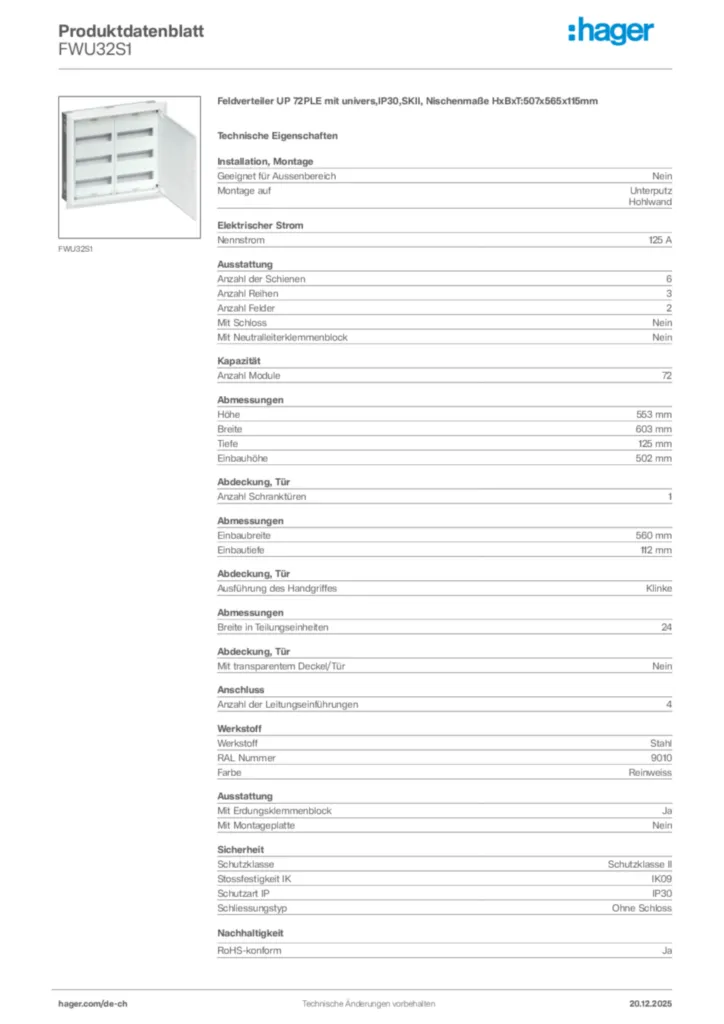 Bild Hager Produktdatenblatt FWU32S1 | Hager Schweiz